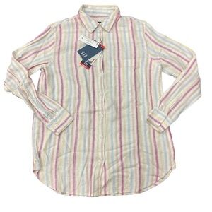 Gap Lightweight Long Sleeve Collared Linen Button Down Top Sun Stripe XXL NWT